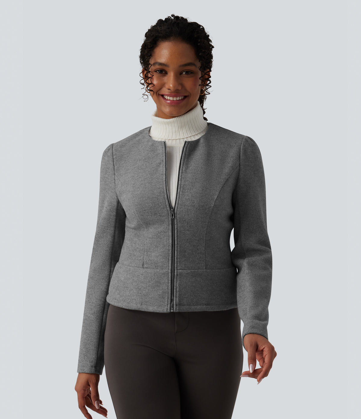 Round Neck Long Sleeve Zipper Fleece Work Jacket — Charcoal Grey — view 1