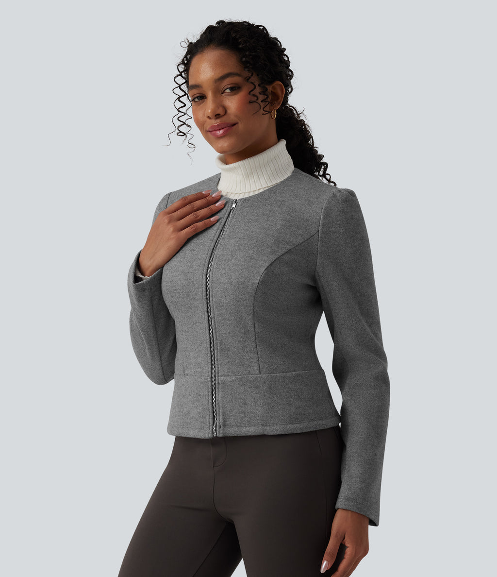 Round Neck Long Sleeve Zipper Fleece Work Jacket — Charcoal Grey — view 3