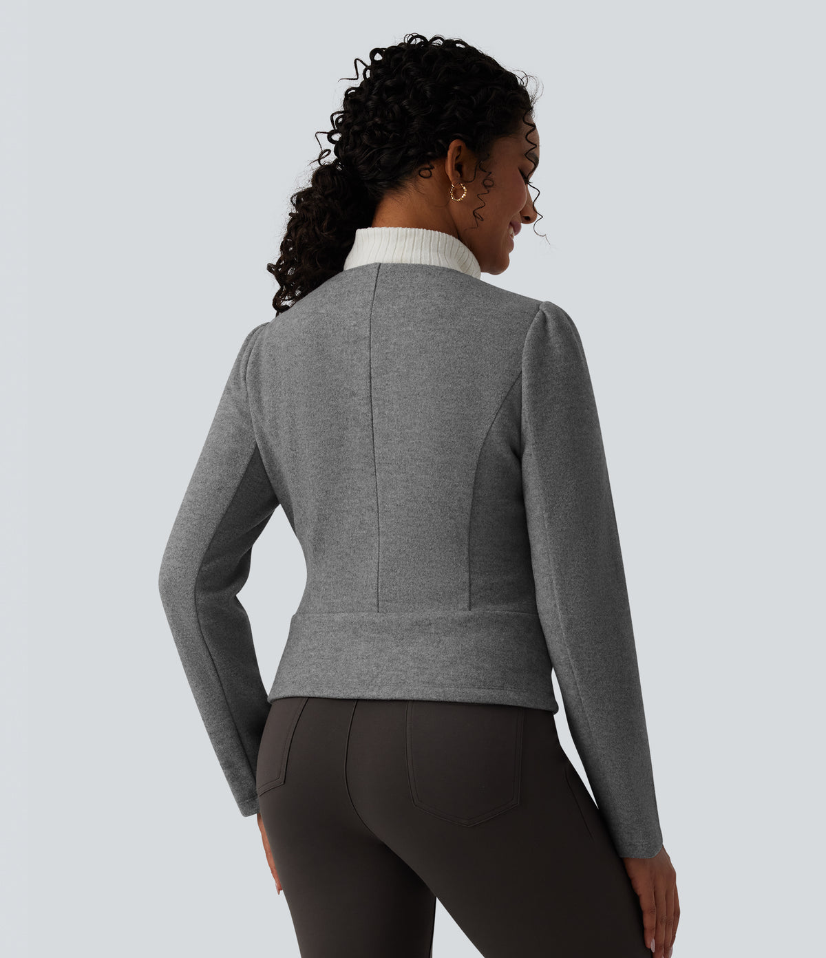 Round Neck Long Sleeve Zipper Fleece Work Jacket — Charcoal Grey — view 2