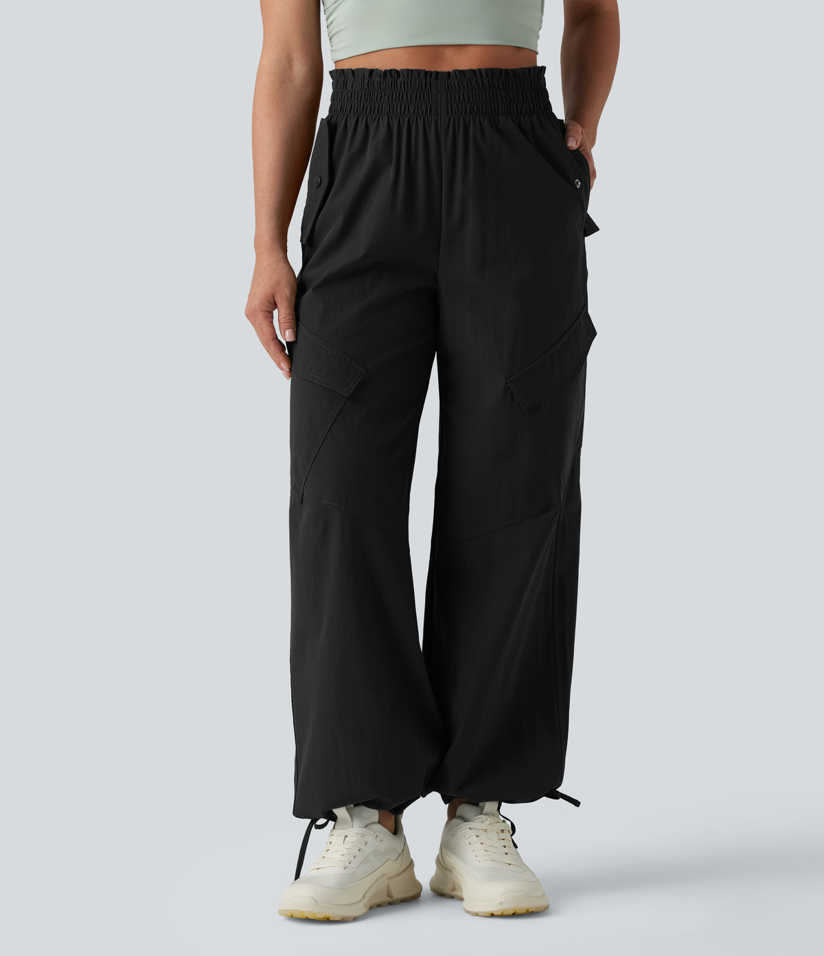Lettuce Trim High Waisted Workout Cargo Trousers with Pockets — Black — view 9