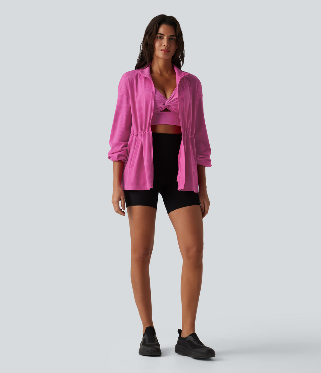 Long Sleeve Inner Drawstring Stripes Quick Dry Workout Jacket-UPF40+ — Rosewood Ribbed — view 5