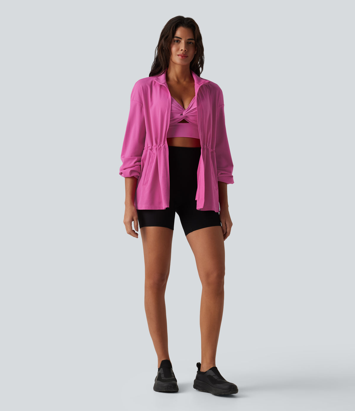 Long Sleeve Inner Drawstring Stripes Quick Dry Workout Jacket-UPF40+ — Rosewood Ribbed — view 5