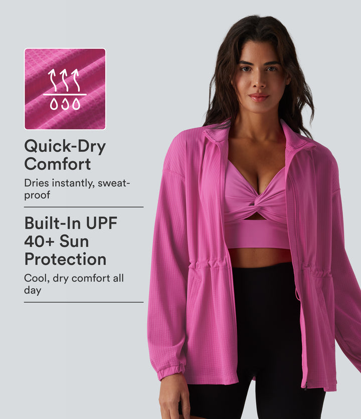 Long Sleeve Inner Drawstring Stripes Quick Dry Workout Jacket-UPF40+ — Rosewood Ribbed — view 1