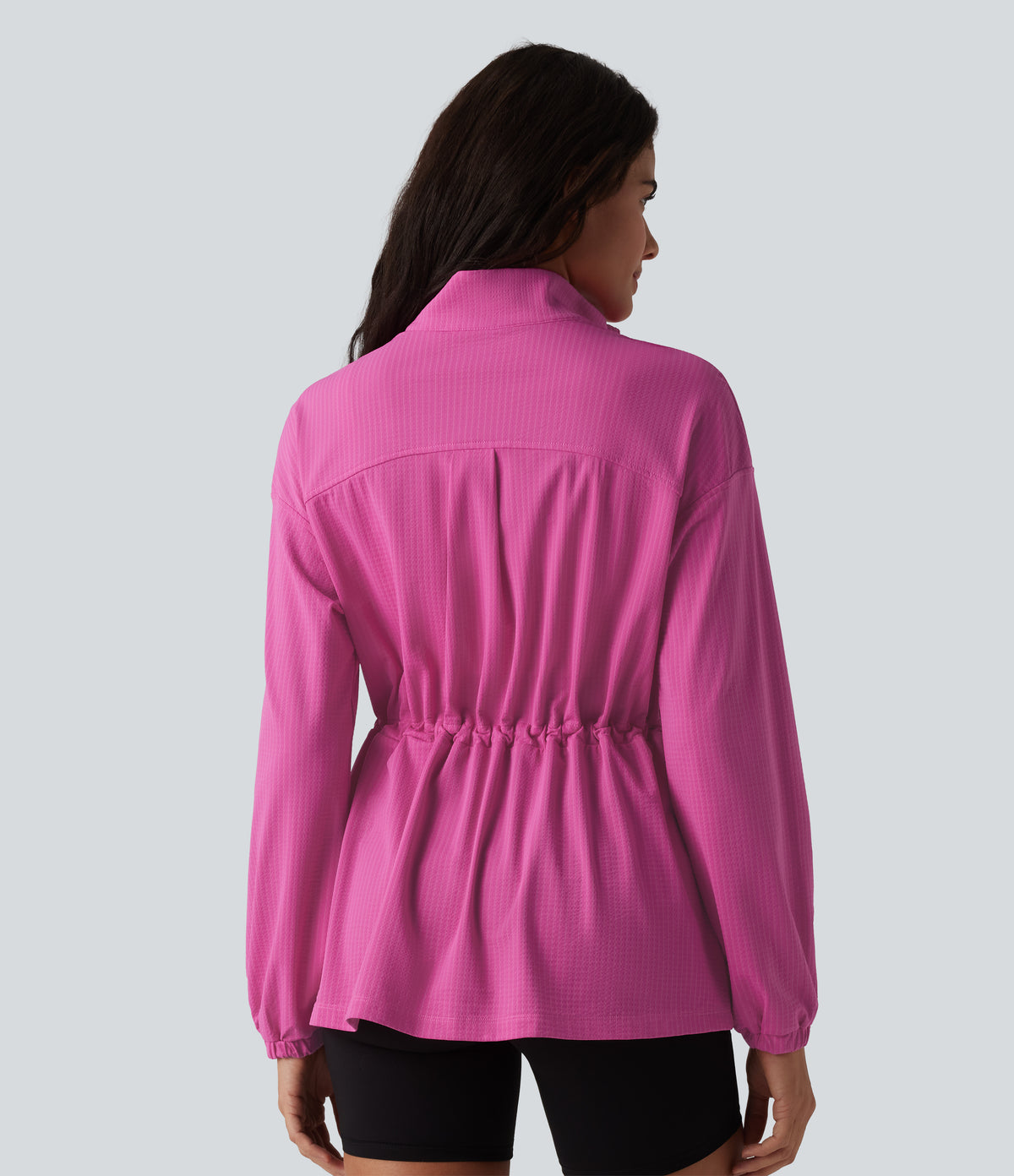 Long Sleeve Inner Drawstring Stripes Quick Dry Workout Jacket-UPF40+ — Rosewood Ribbed — view 2
