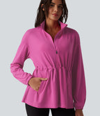 Long Sleeve Inner Drawstring Stripes Quick Dry Workout Jacket-UPF40+ — Rosewood Ribbed — view 4