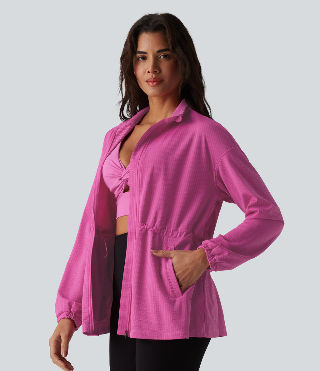Long Sleeve Inner Drawstring Stripes Quick Dry Workout Jacket-UPF40+ — Rosewood Ribbed — view 3
