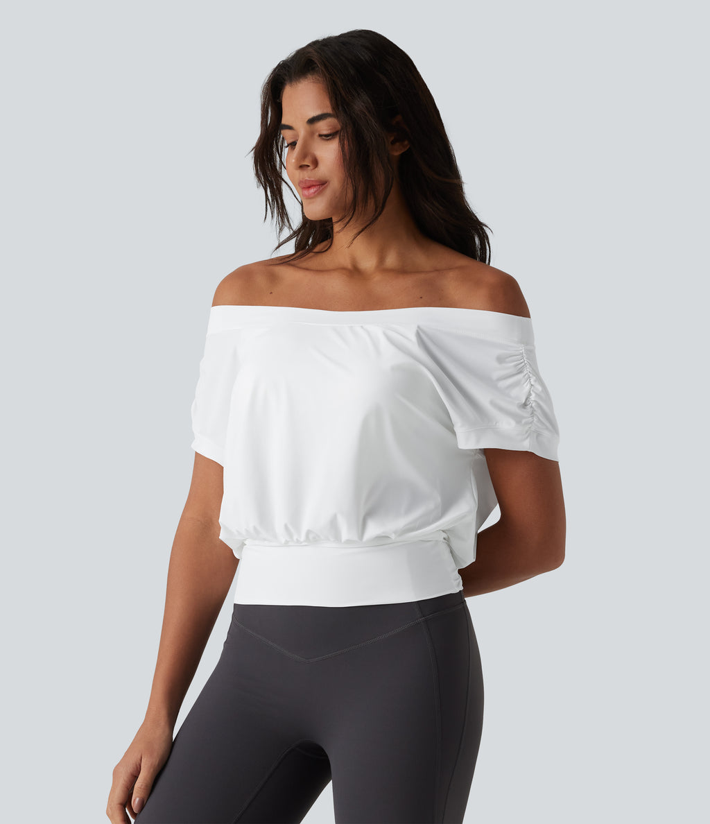 Off Shoulder Short Sleeve Oversize InstantCool Quick Dry Yoga Sports Top — White — view 4