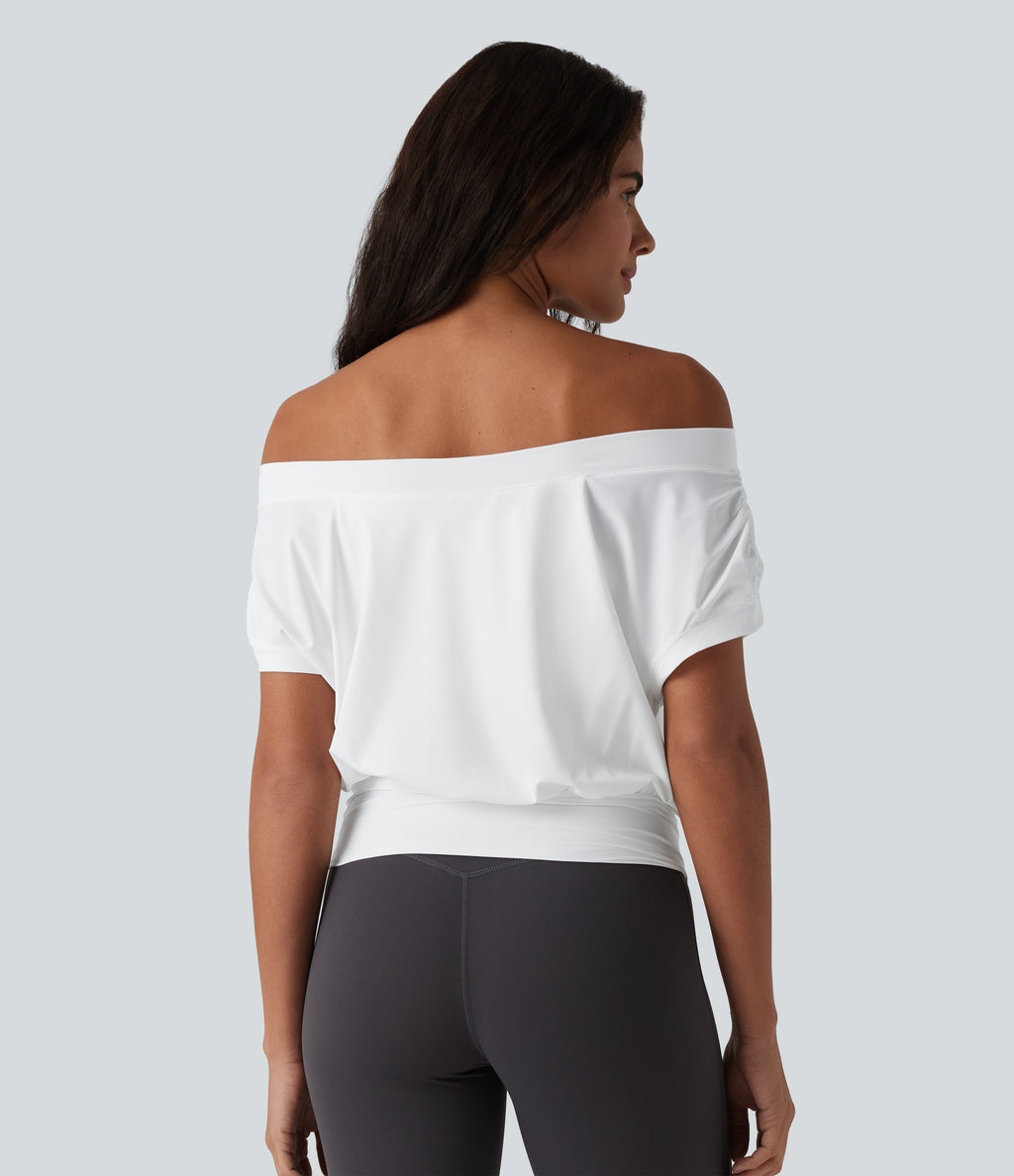 Off Shoulder Short Sleeve Oversize InstantCool Quick Dry Yoga Sports Top — White — view 2