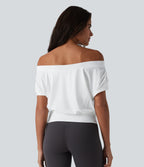 Off Shoulder Short Sleeve Oversize InstantCool Quick Dry Yoga Sports Top — White — view 2