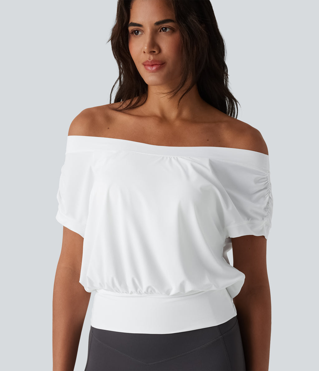 Off Shoulder Short Sleeve Oversize InstantCool Quick Dry Yoga Sports Top — White — view 5