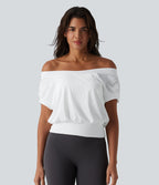 Off Shoulder Short Sleeve Oversize InstantCool Quick Dry Yoga Sports Top — White — view 3