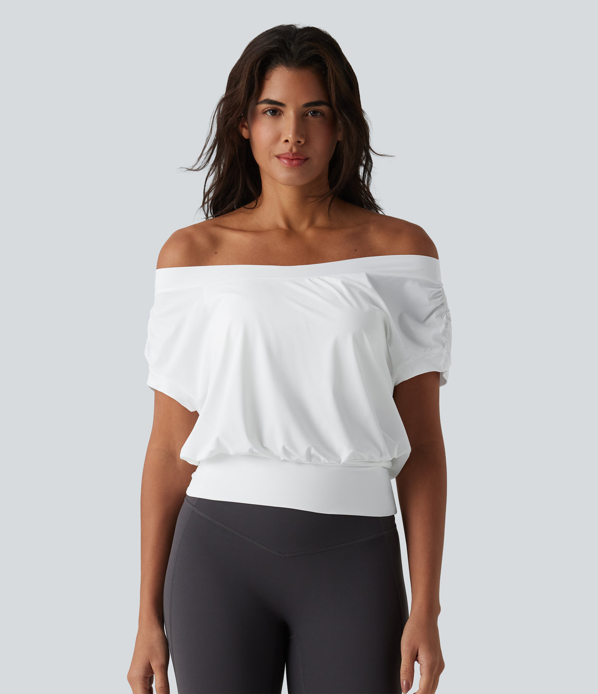 Off Shoulder Short Sleeve Oversize InstantCool Quick Dry Yoga Sports Top — White — view 3