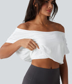 Off Shoulder Short Sleeve Oversize InstantCool Quick Dry Yoga Sports Top — White — view 1