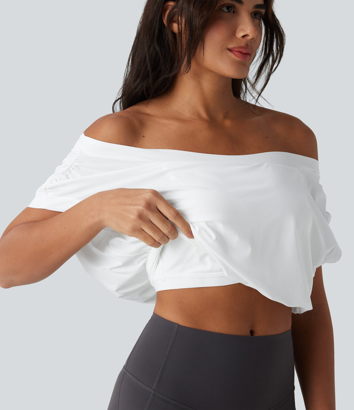Off Shoulder Short Sleeve Oversize InstantCool Quick Dry Yoga Sports Top — White — view 1