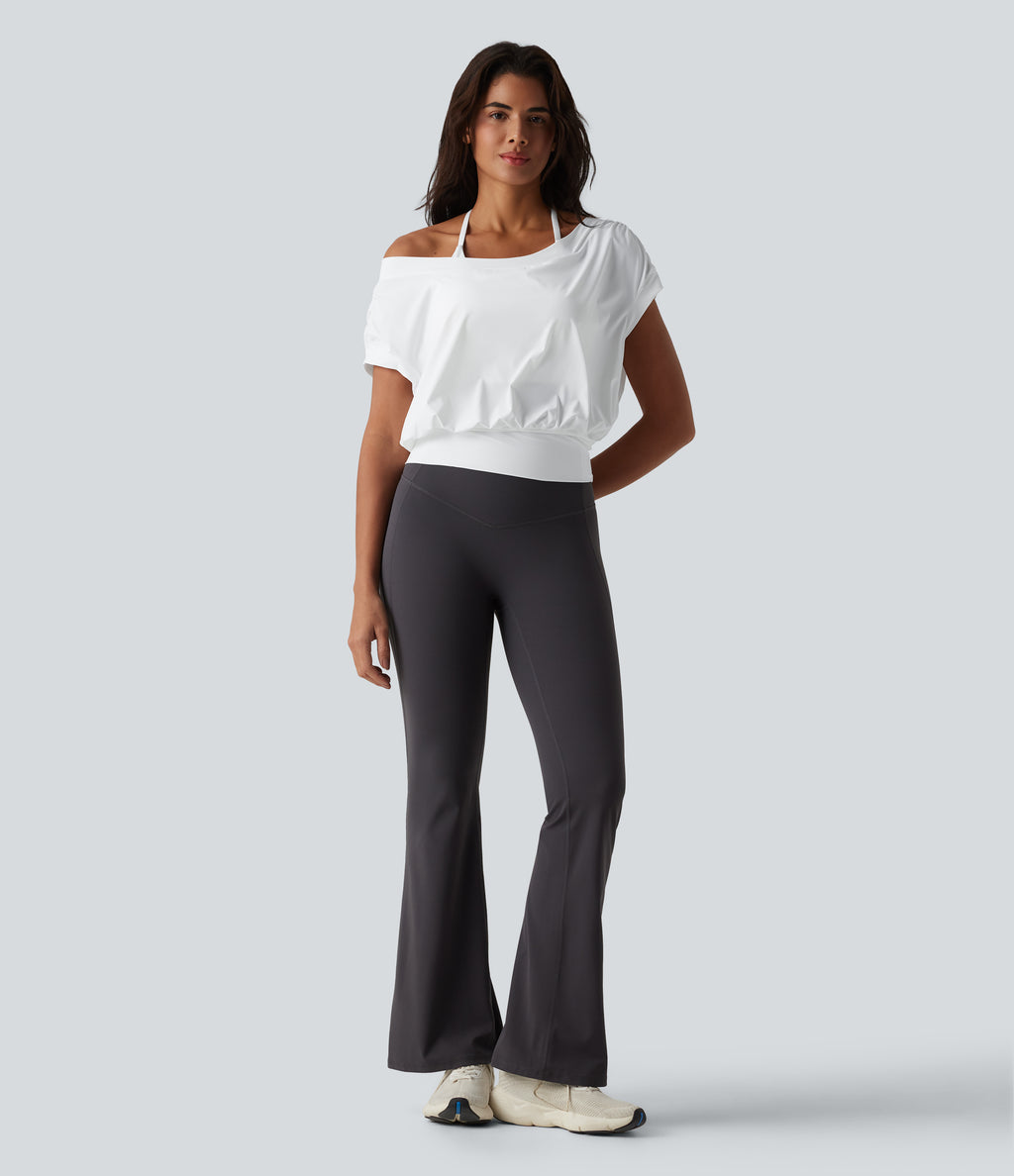 Off Shoulder Short Sleeve Oversize InstantCool Quick Dry Yoga Sports Top — White — view 6