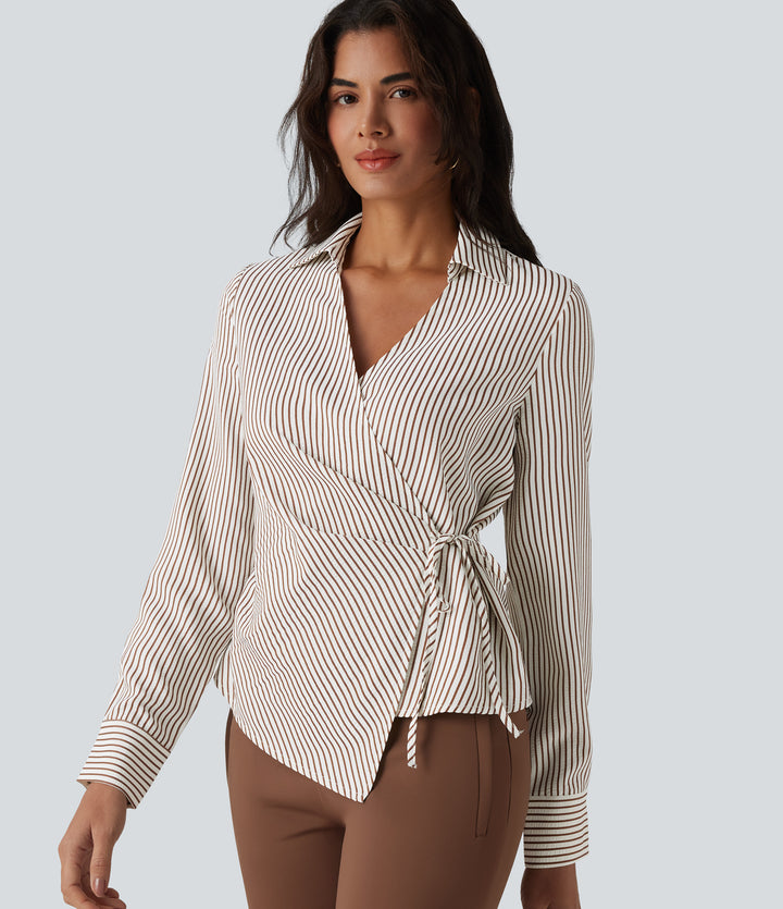 Long Sleeve Wrapped Tie Side Stripe Work Shirt — Espresso Stripe — view 1