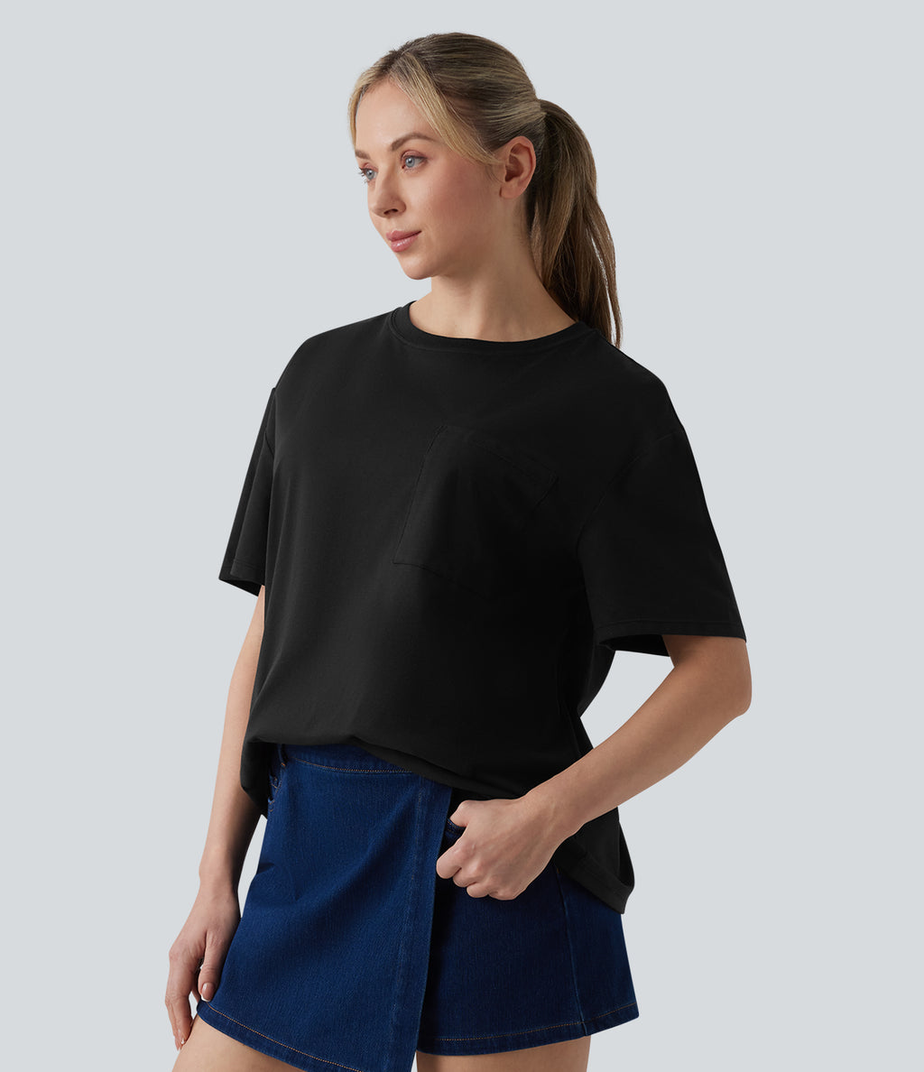 Round Neck Short Sleeve Oversize Casual Cotton T-Shirt with Pocket — Black — view 3