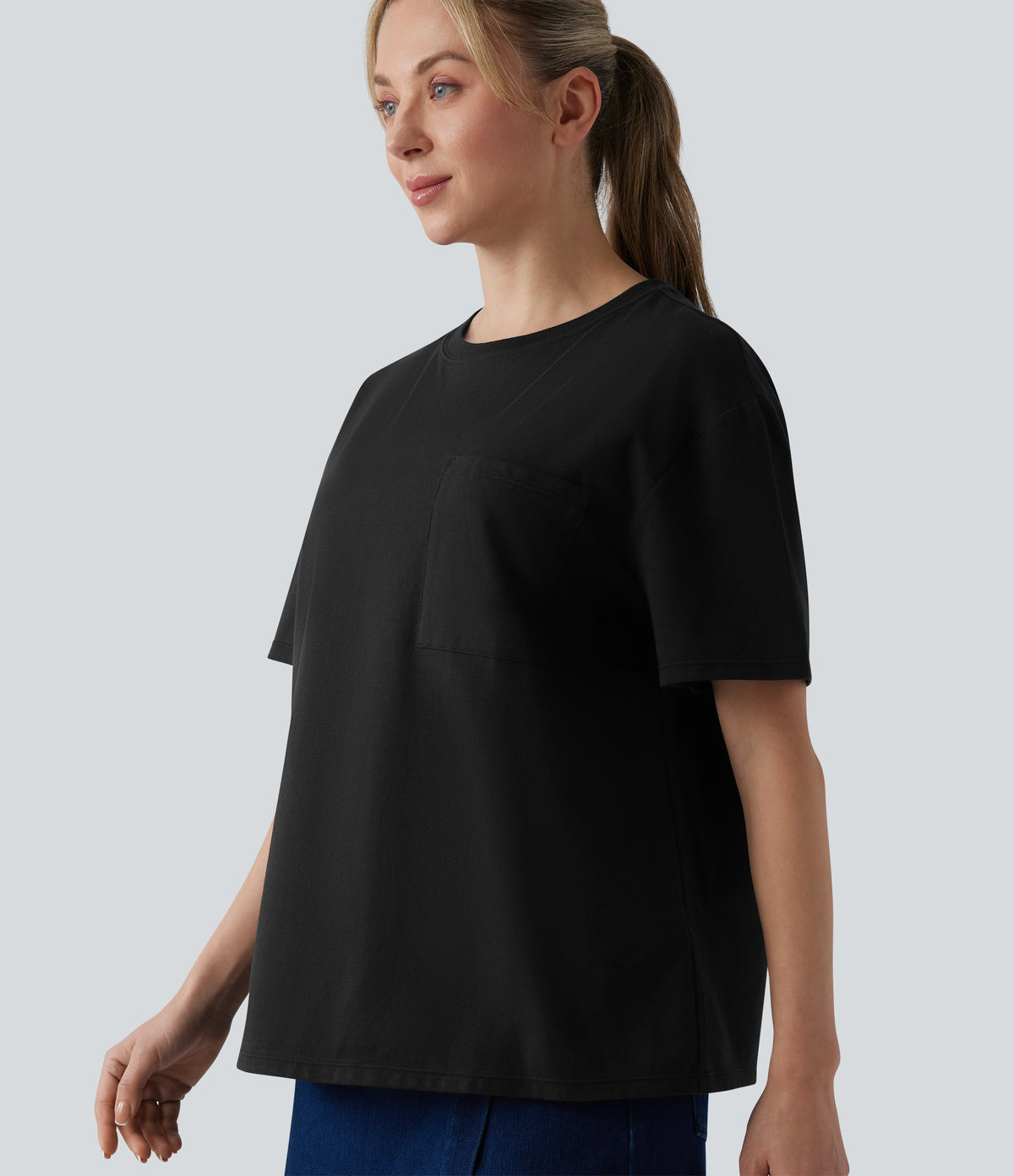 Round Neck Short Sleeve Oversize Casual Cotton T-Shirt with Pocket — Black — view 4