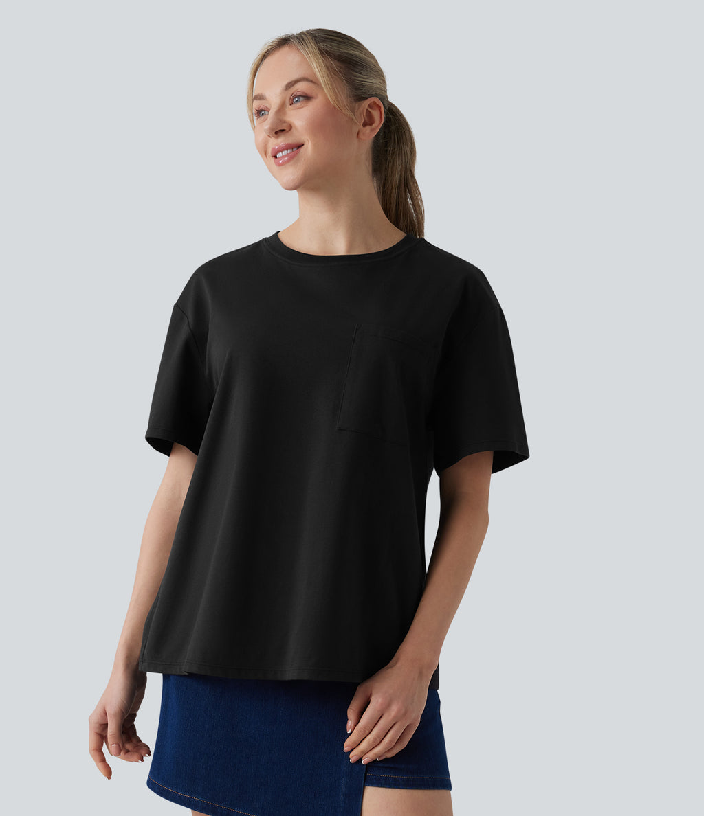 Round Neck Short Sleeve Oversize Casual Cotton T-Shirt with Pocket — Black — view 5