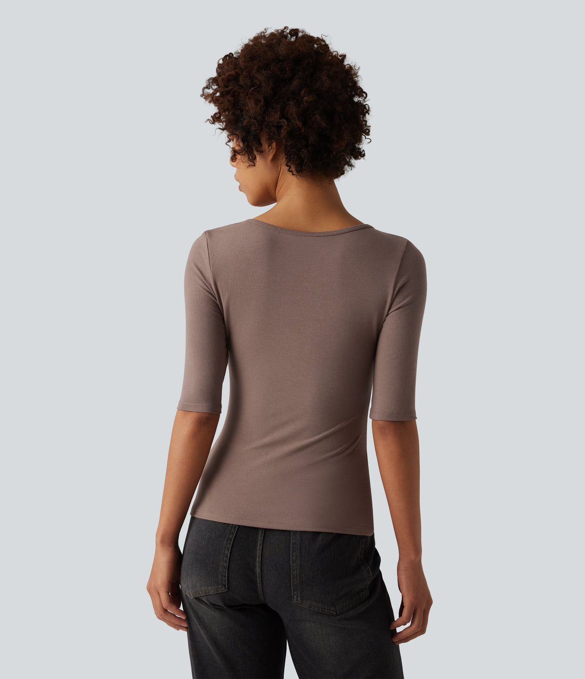 Ribbed Knit Scoop Neck Half Sleeve Casual T-Shirt — Brown Lentil — view 2