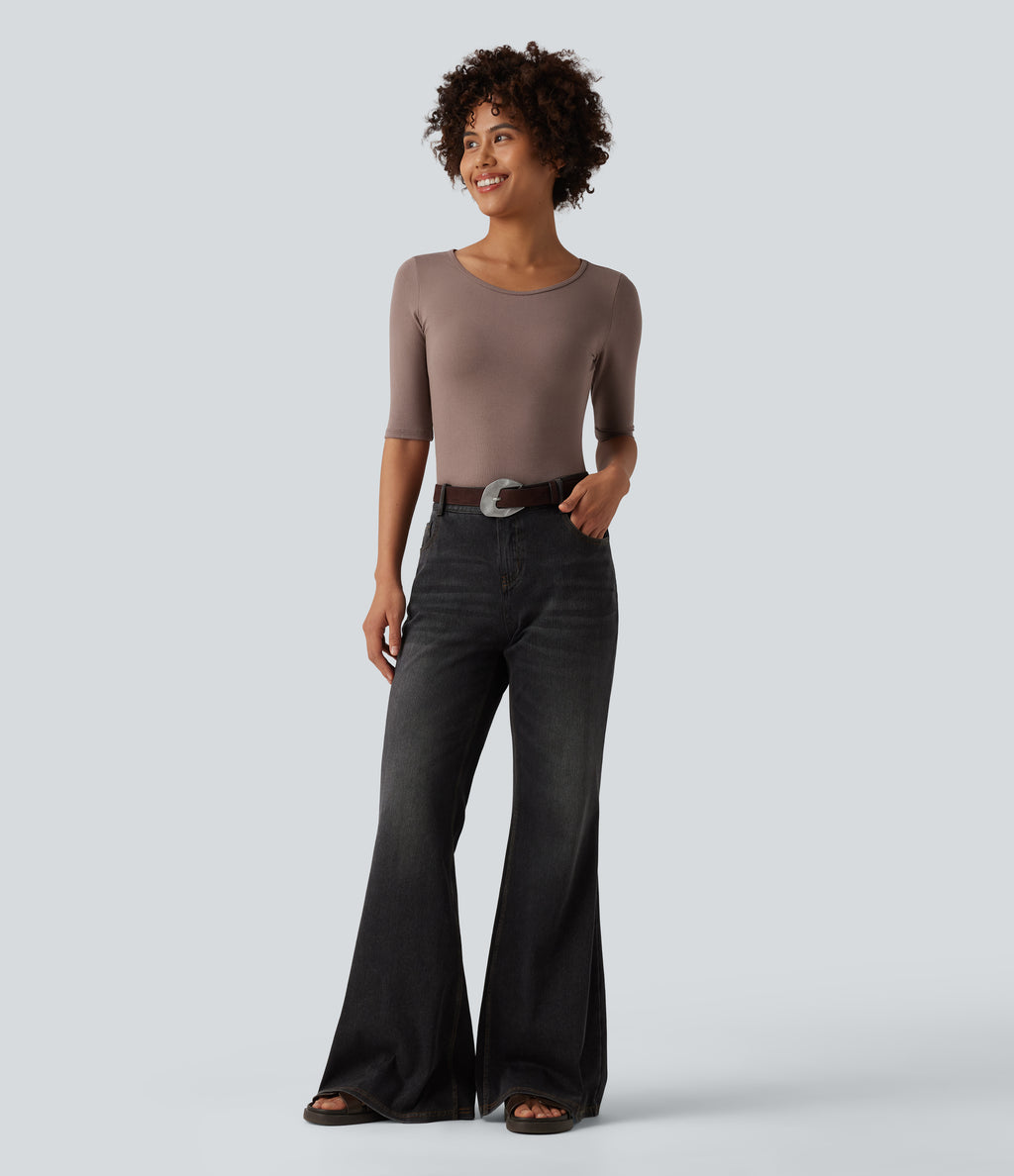 Ribbed Knit Scoop Neck Half Sleeve Casual T-Shirt — Brown Lentil — view 5