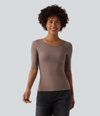 Ribbed Knit Scoop Neck Half Sleeve Casual T-Shirt — Brown Lentil — view 1