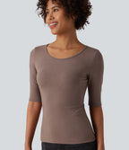 Ribbed Knit Scoop Neck Half Sleeve Casual T-Shirt — Brown Lentil — view 4