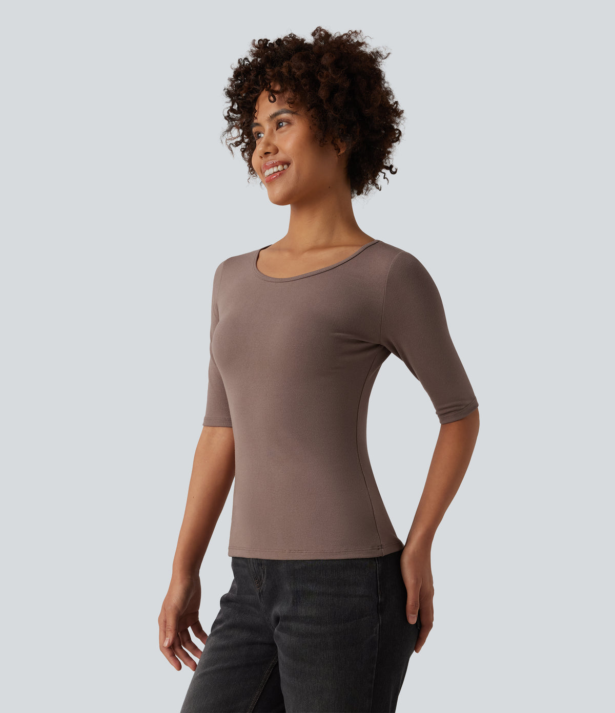Ribbed Knit Scoop Neck Half Sleeve Casual T-Shirt — Brown Lentil — view 3
