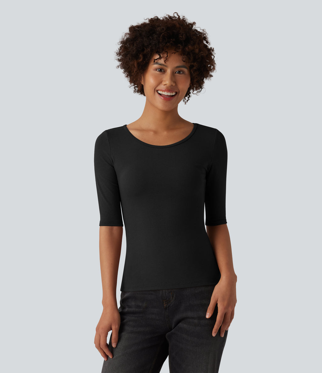 Ribbed Knit Scoop Neck Half Sleeve Casual T-Shirt — Black — view 6
