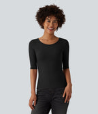 Ribbed Knit Scoop Neck Half Sleeve Casual T-Shirt — Black — view 6