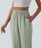 High Waisted Drawstring Wide Leg Casual Linen-Feel Joggers with Pockets — Pale Aqua — view 4