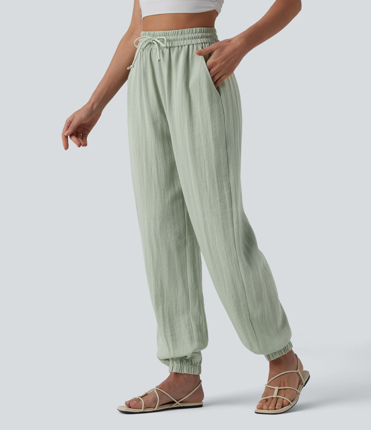 High Waisted Drawstring Wide Leg Casual Linen-Feel Joggers with Pockets — Pale Aqua — view 3