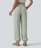 High Waisted Drawstring Wide Leg Casual Linen-Feel Joggers with Pockets — Pale Aqua — view 2