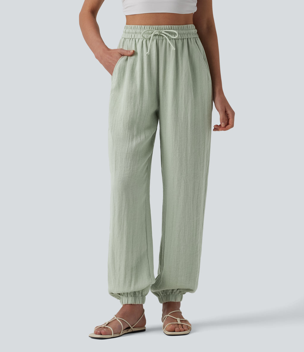 High Waisted Drawstring Wide Leg Casual Linen-Feel Joggers with Pockets — Pale Aqua — view 1