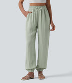 High Waisted Drawstring Wide Leg Casual Linen-Feel Joggers with Pockets — Pale Aqua — view 1