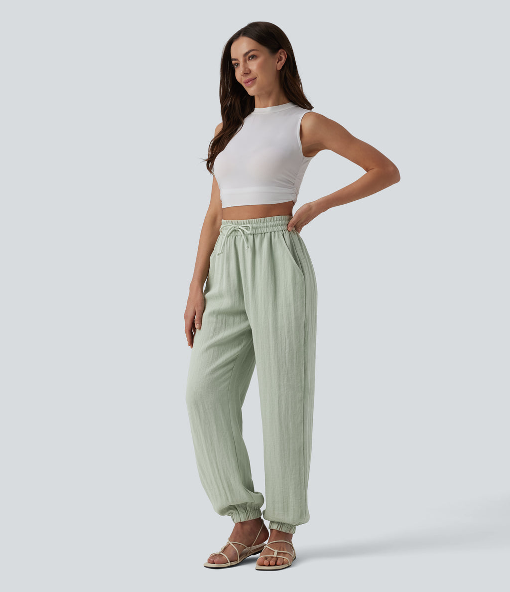 High Waisted Drawstring Wide Leg Casual Linen-Feel Joggers with Pockets — Pale Aqua — view 5