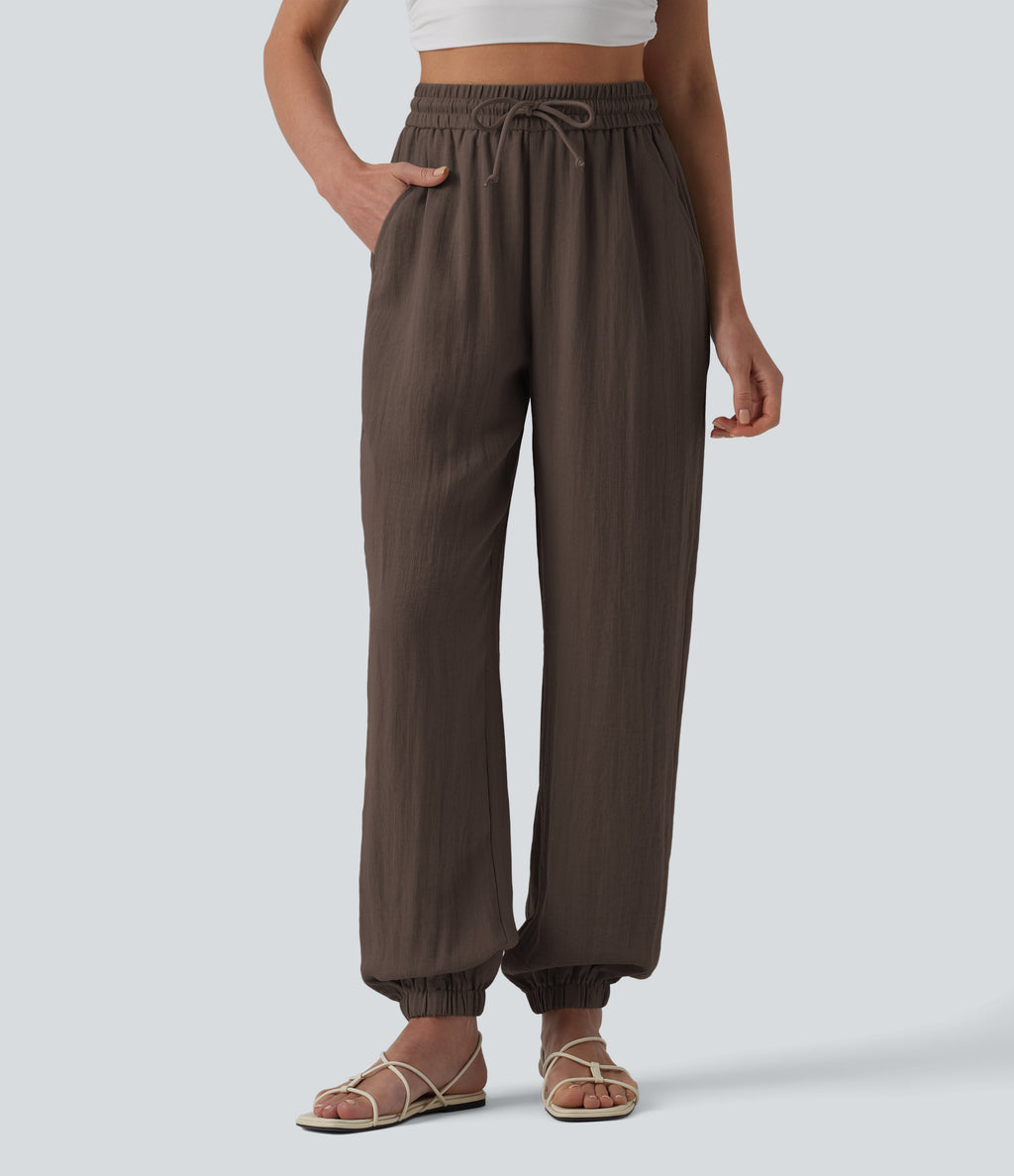 High Waisted Drawstring Wide Leg Casual Linen-Feel Joggers with Pockets — Chocolate Martini — view 6