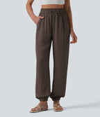 High Waisted Drawstring Wide Leg Casual Linen-Feel Joggers with Pockets — Chocolate Martini — view 6