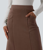 SpacerTek High Waisted Midi Work Skirt with Pockets — Cocoa Brown — view 4
