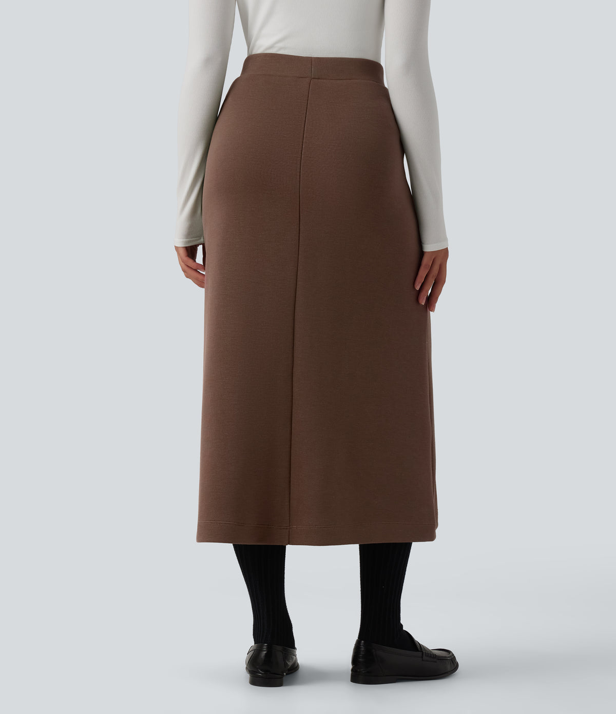SpacerTek High Waisted Midi Work Skirt with Pockets — Cocoa Brown — view 2