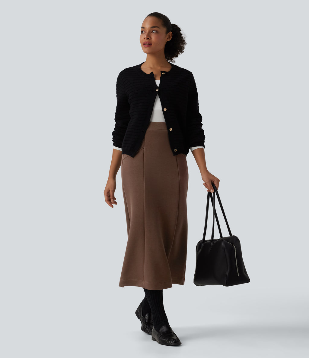 SpacerTek High Waisted Midi Work Skirt with Pockets — Cocoa Brown — view 5