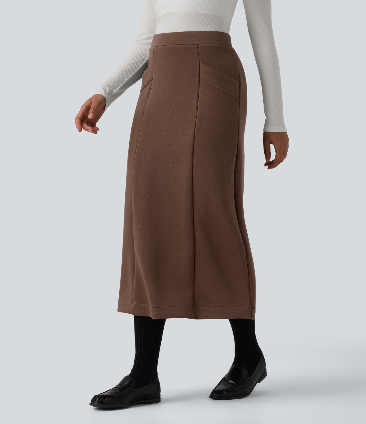 SpacerTek High Waisted Midi Work Skirt with Pockets — Cocoa Brown — view 3