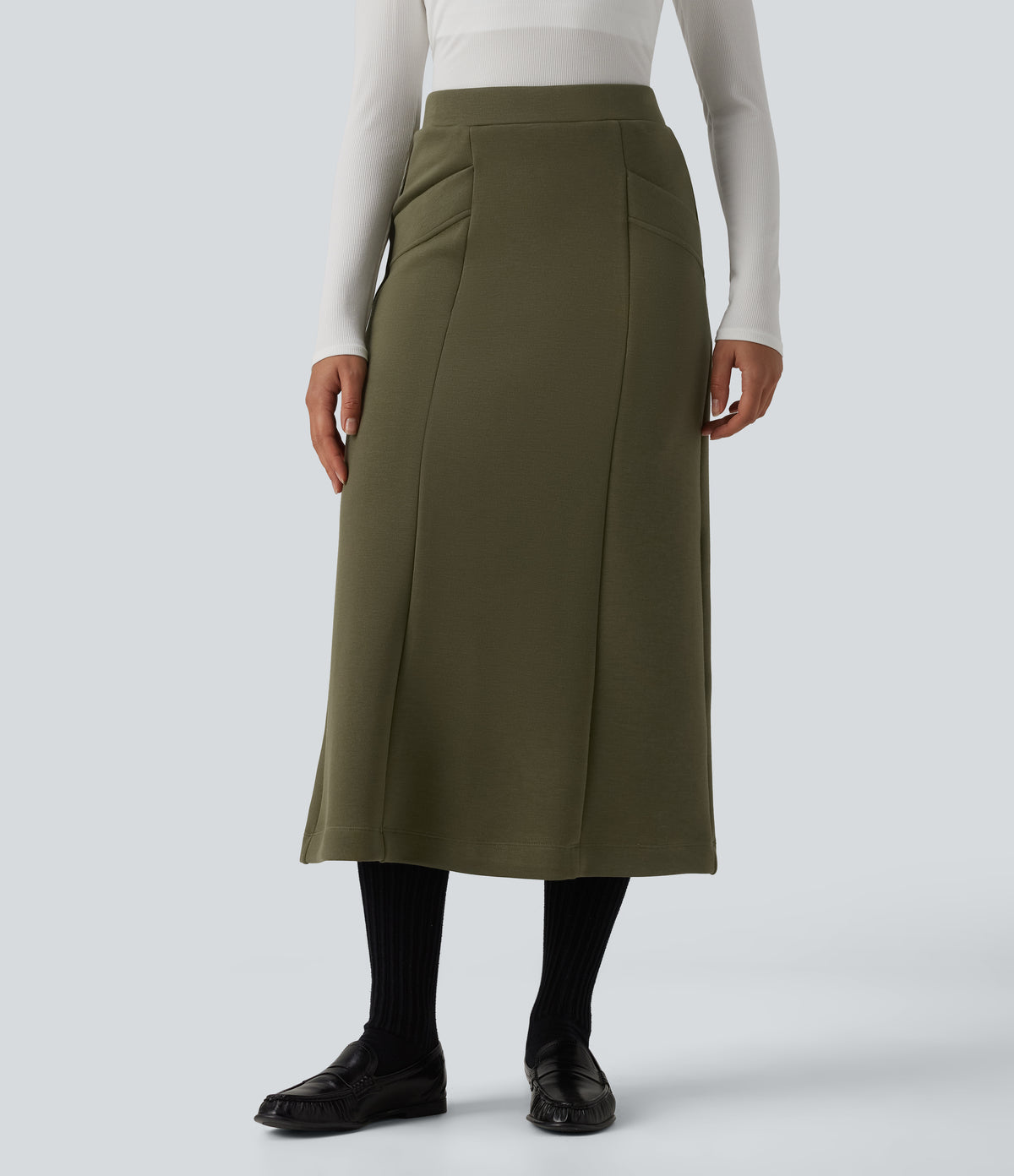 SpacerTek High Waisted Midi Work Skirt with Pockets — Winter Moss — view 6