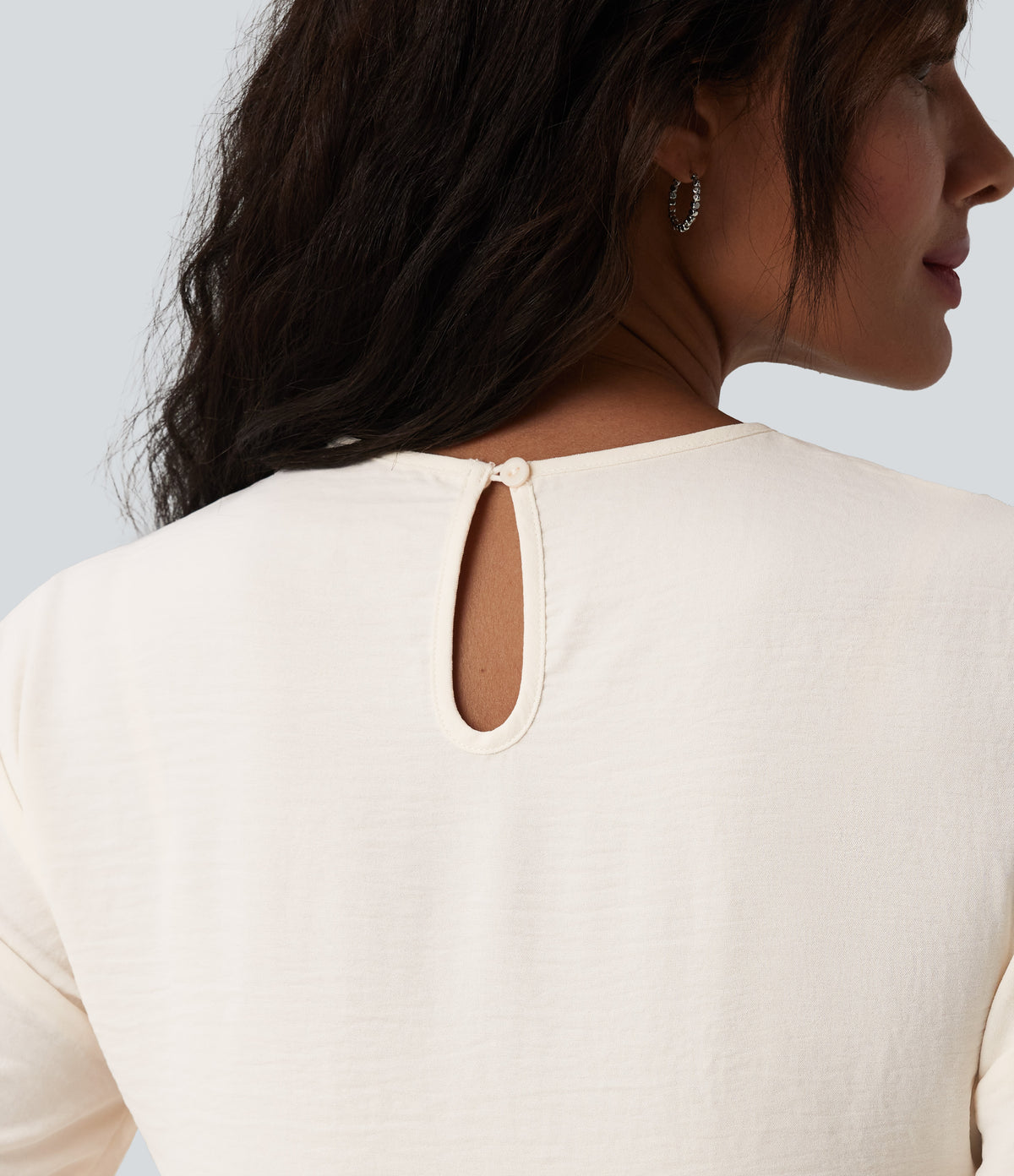 Round Neck Short Sleeve Ruffle Hem Casual Linen-Feel T-Shirt — Whisper White — view 5