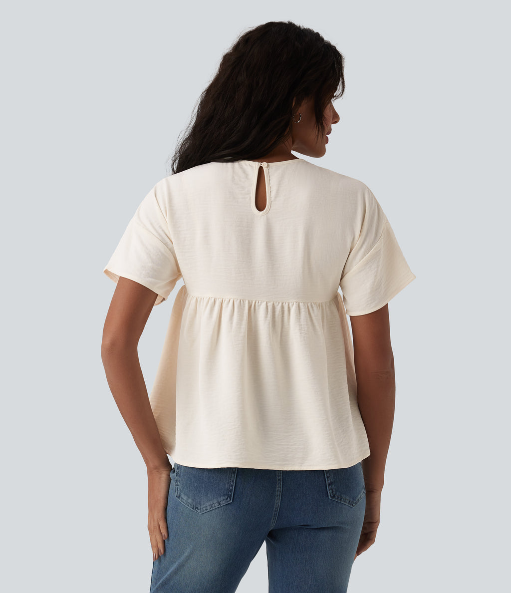 Round Neck Short Sleeve Ruffle Hem Casual Linen-Feel T-Shirt — Whisper White — view 2