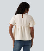 Round Neck Short Sleeve Ruffle Hem Casual Linen-Feel T-Shirt — Whisper White — view 2
