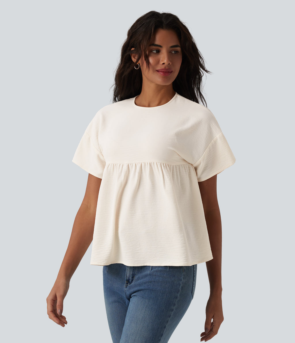 Round Neck Short Sleeve Ruffle Hem Casual Linen-Feel T-Shirt — Whisper White — view 3