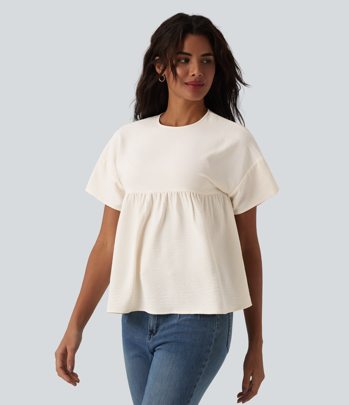 Round Neck Short Sleeve Ruffle Hem Casual Linen-Feel T-Shirt — Whisper White — view 3