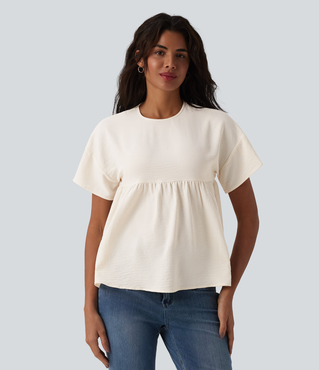 Round Neck Short Sleeve Ruffle Hem Casual Linen-Feel T-Shirt — Whisper White — view 1