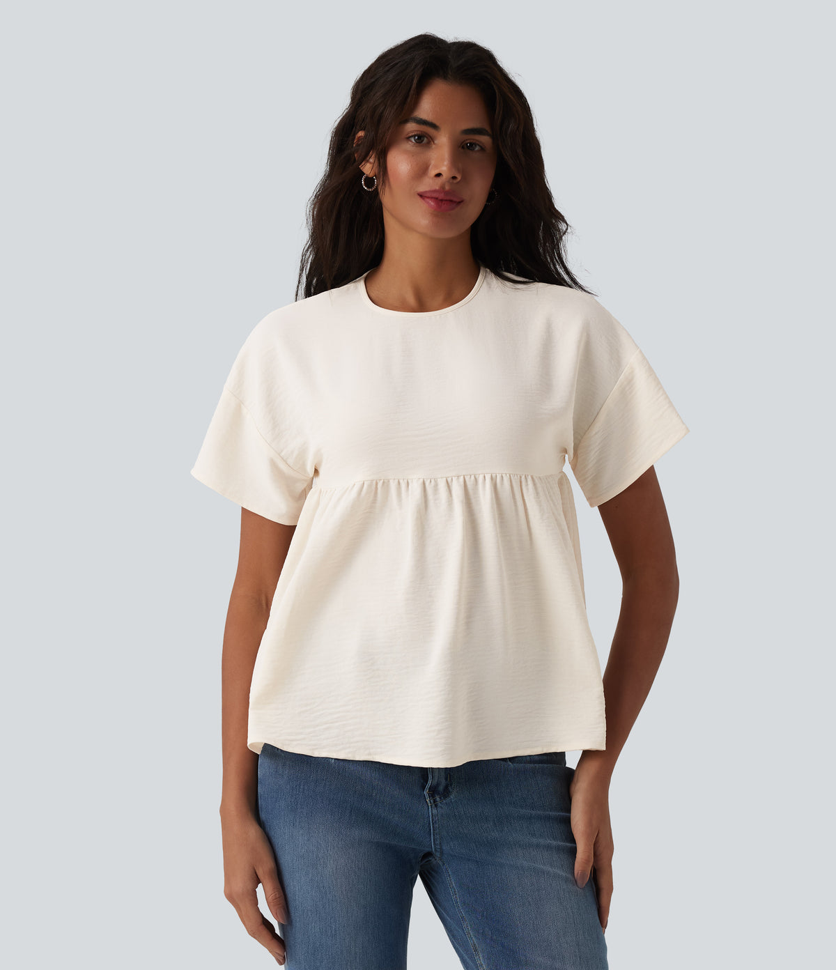 Round Neck Short Sleeve Ruffle Hem Casual Linen-Feel T-Shirt — Whisper White — view 1